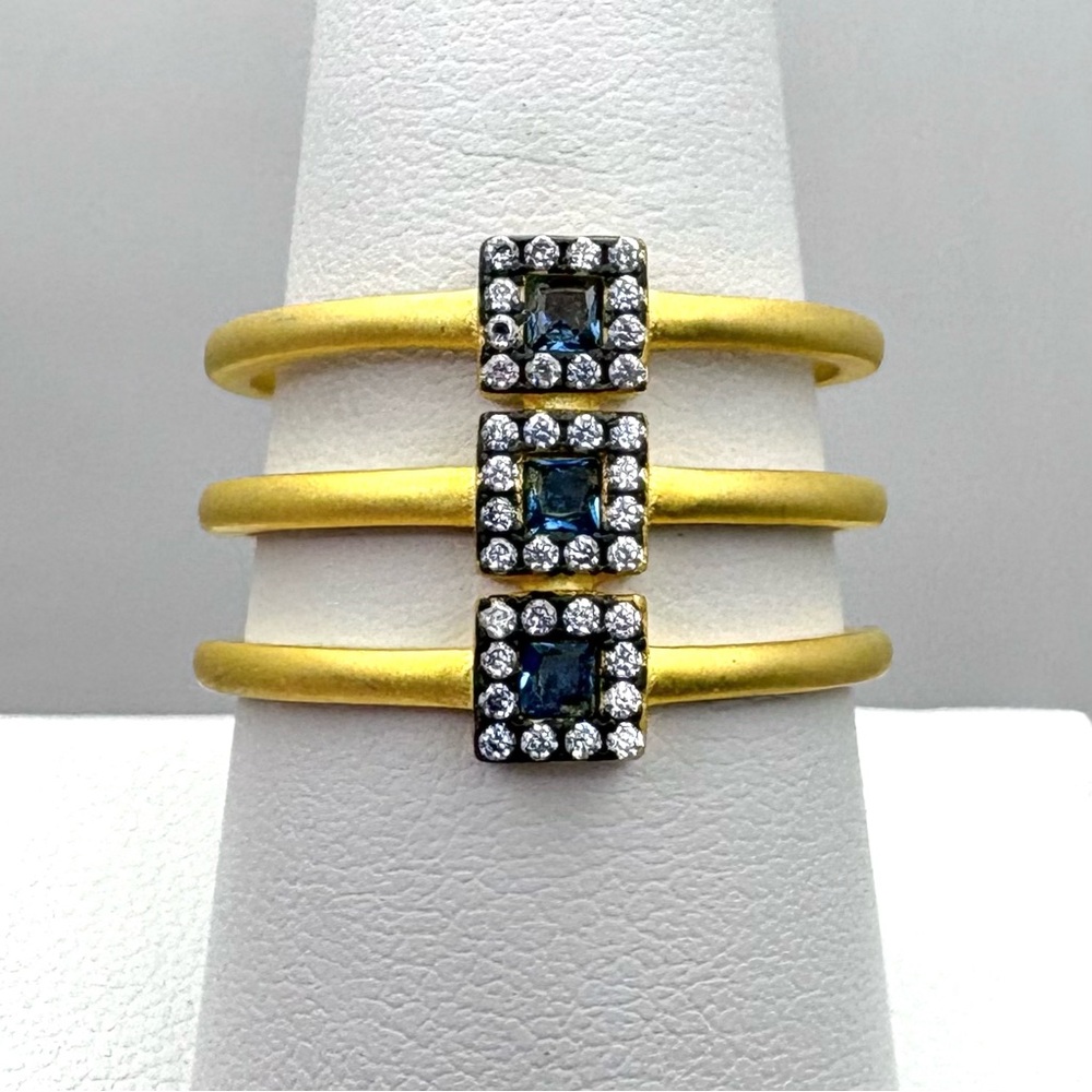 New Freida Rothman Gold Triple-Stack Ring with Blue & Clear CZ’s Size 9-9.5